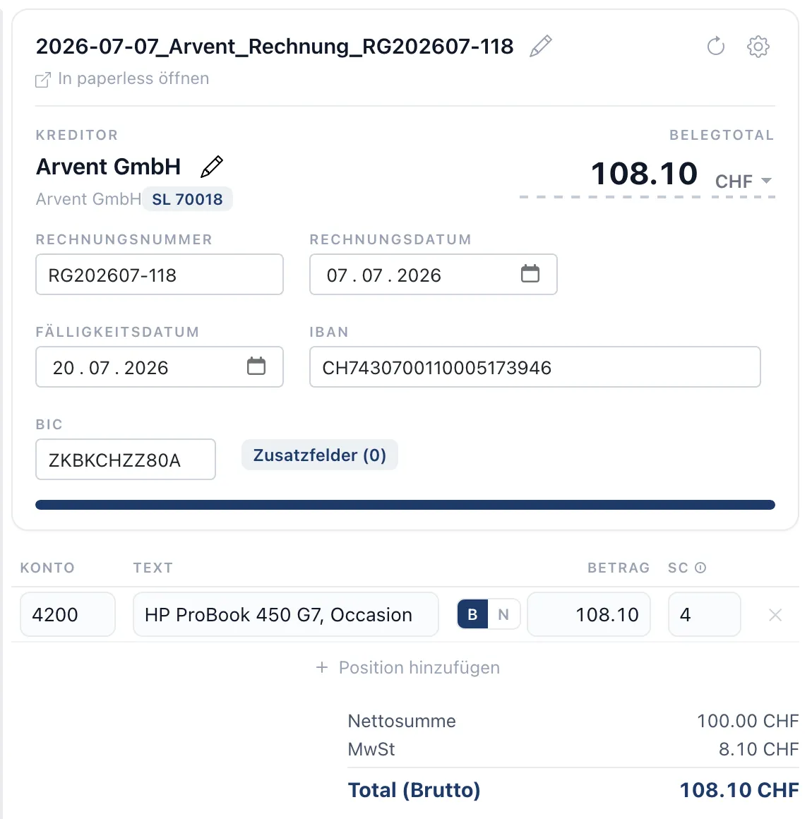 DocuLane Kontierung: Beleg mit Kreditor, Positionen und Buchung nach SelectLine